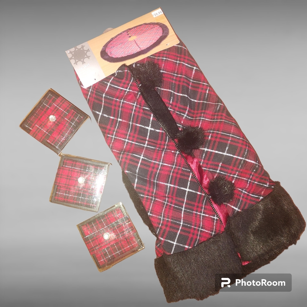 Christmas Tree Skirt & Coasters Bundle NEW Tartan Plaid
